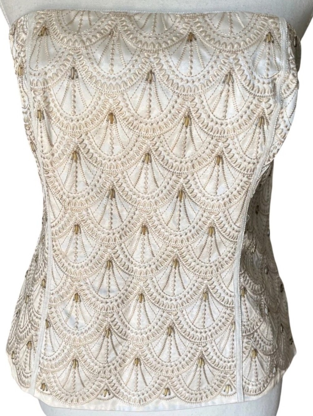 White House Black Market Beaded Bustier Corset Embroidered Scallop Ecru